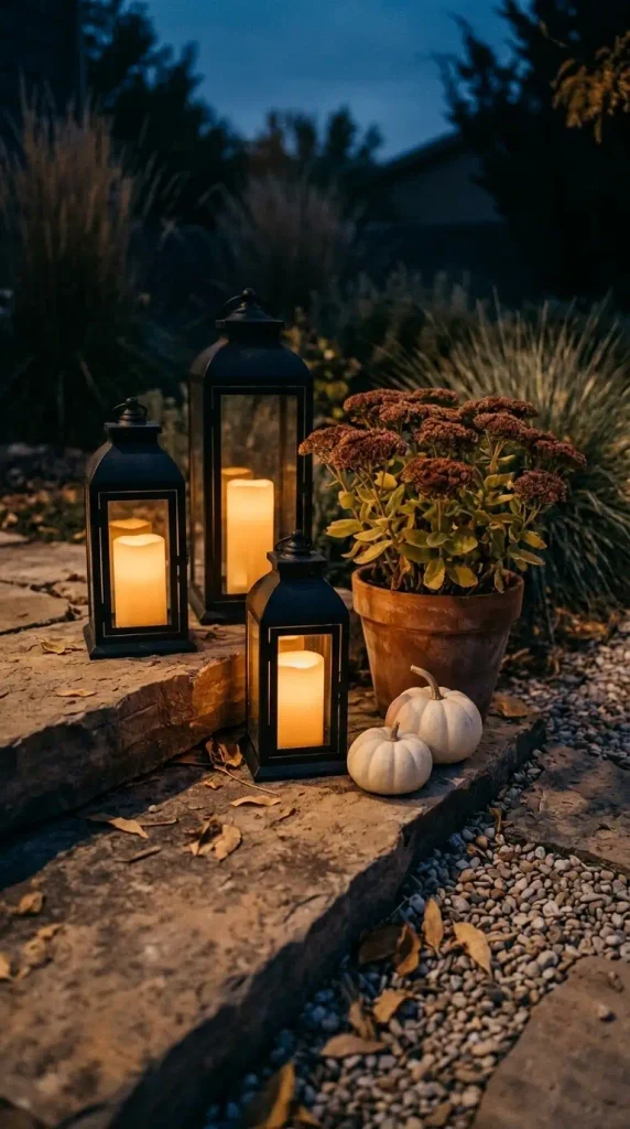 Fall xeriscape outdoor lighting with lanterns, white pumpkins, and sedum on flagstone steps