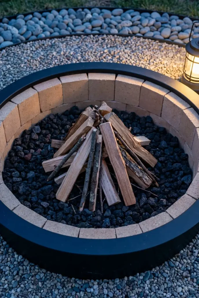 Fire brick and lava rock lining an in-ground fire pit, with river rock kept as ground cover farther out