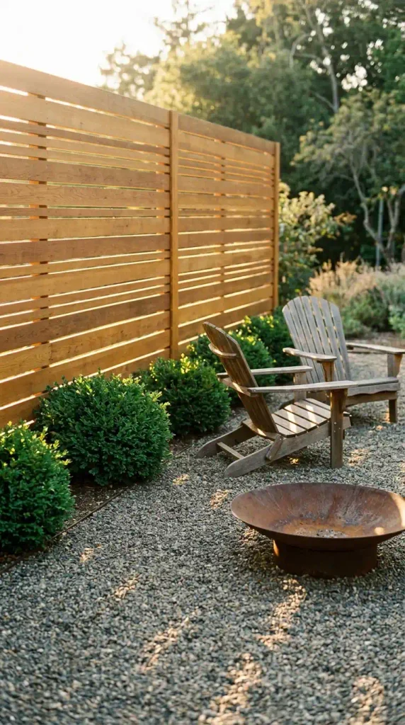 Fire pit area with shade from a west side cedar slat screen filtering low sun over Adirondack chairs