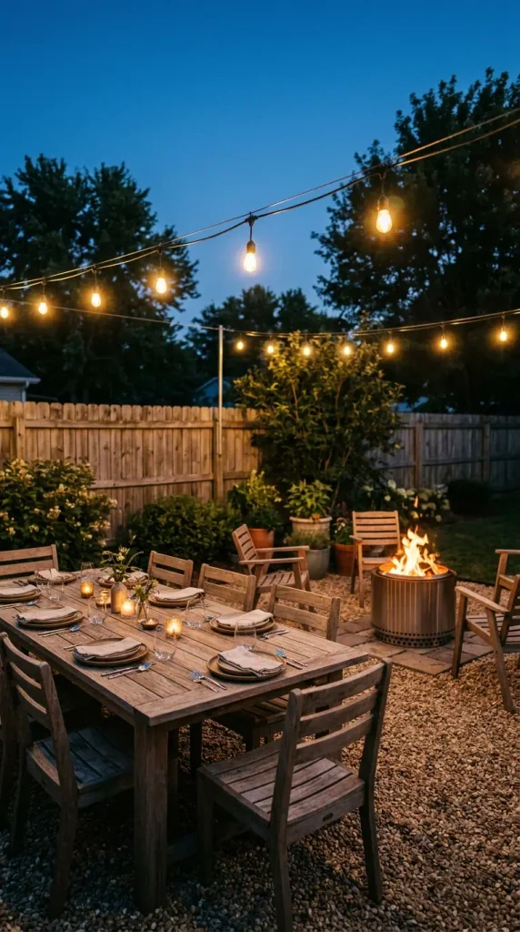 Fire pit dining setup with a long wood table beside a steel fire pit under café string lights at dusk
