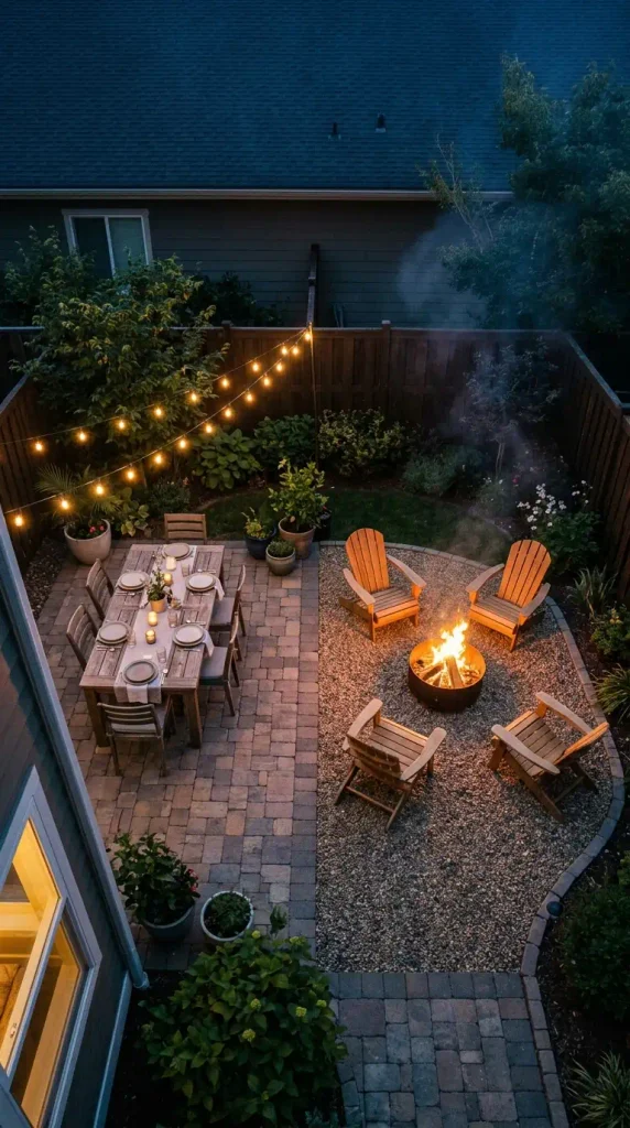 Fire pit dining table placed upwind so the smoke drifts away from the plates in a small backyard
