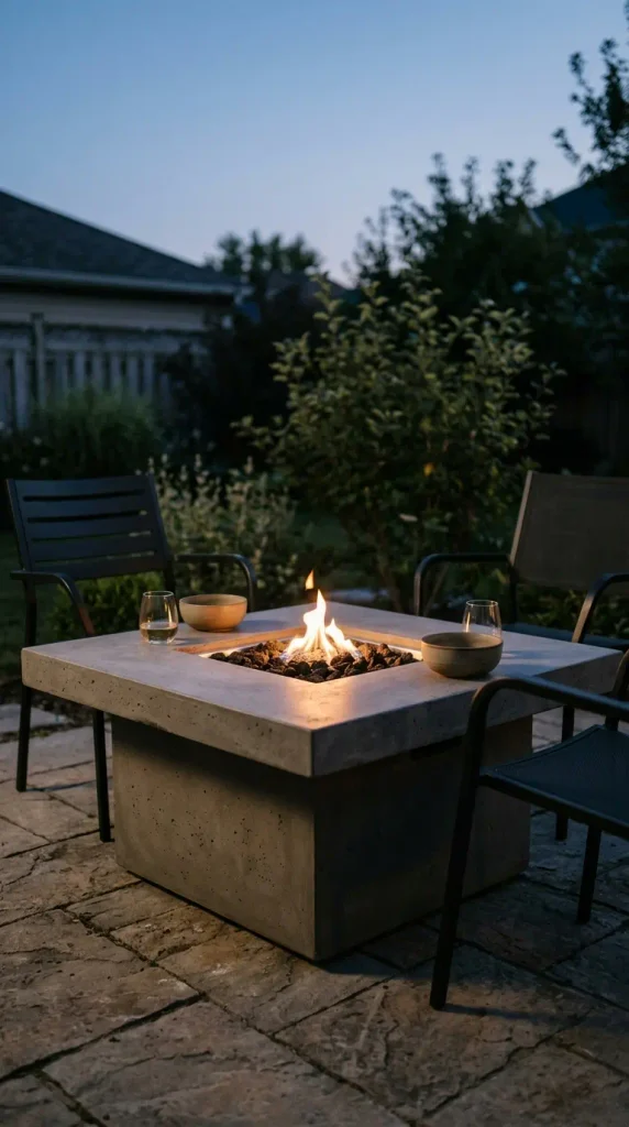 Fire pit dining table with a propane flame in the center and stoneware bowls on the ledge at dusk