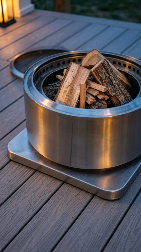 Fire pit on a wood deck idea: stainless deck protector stand under an unlit smokeless fire pit