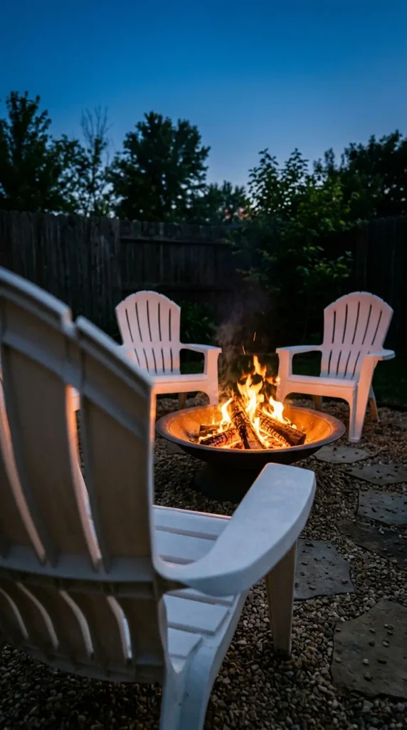 Fire pit seating ideas for a patio: Adirondack chairs spaced three feet from a wood fire bowl