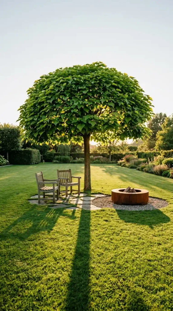 Fire pit shade from an umbrella catalpa tree, its round canopy shading chairs beside a gravel fire pit