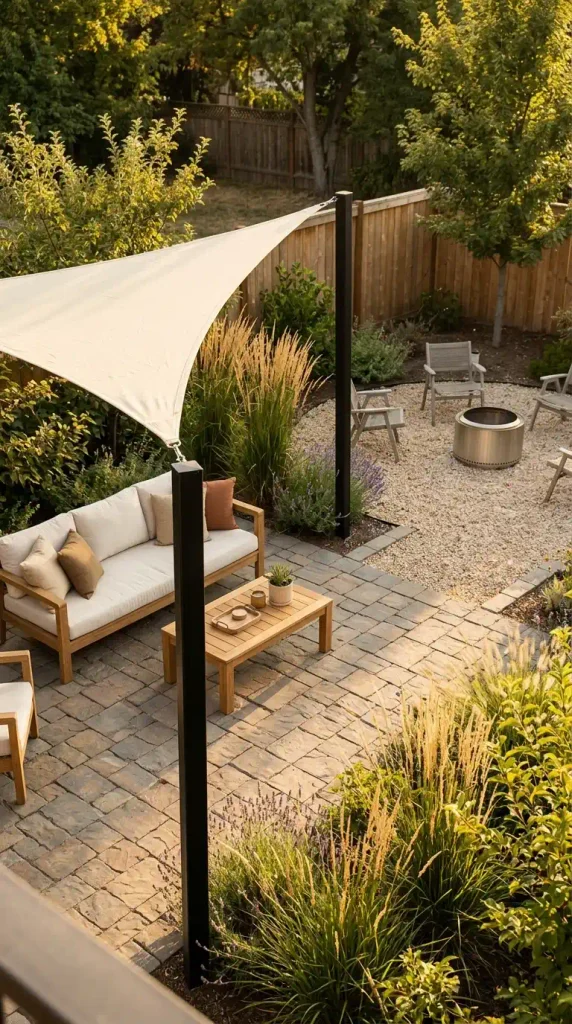 Fire pit shade idea with a cream shade sail over a sofa and the fire pit set 10 feet away in open sky