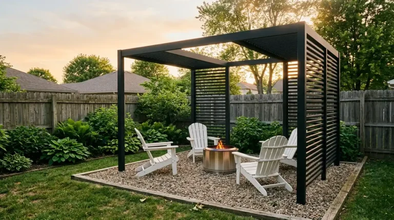 Fire pit shade ideas: black steel pergola with an open center over a glowing smokeless fire pit at golden hour