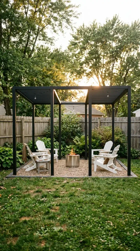 Fire pit shade ideas: black steel pergola with an open center over a smokeless fire pit at golden hour