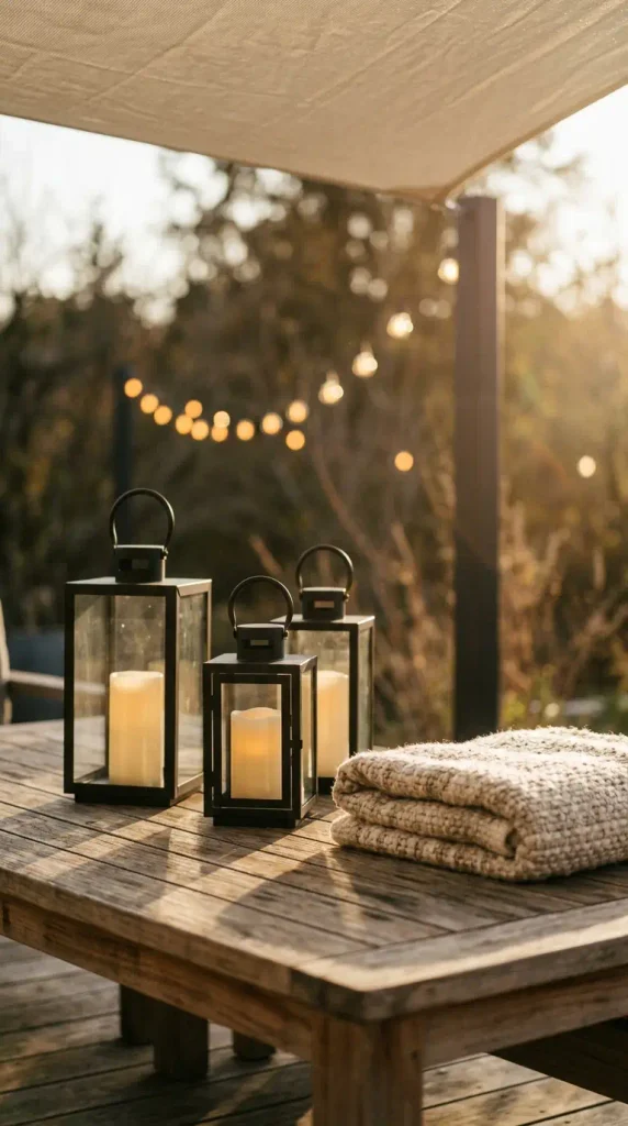 Fire pit shade sail lounge lit by flameless LED lanterns instead of real flames at golden hour
