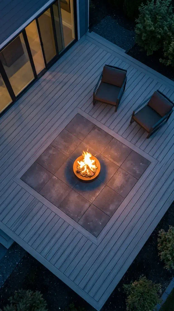 Fire pit with a deck idea: paver hearth island framed into composite deck boards, seen from above