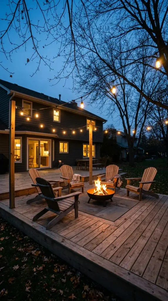Fire pit with a deck idea: steel fire bowl on a bluestone hearth in a cedar deck at blue hour