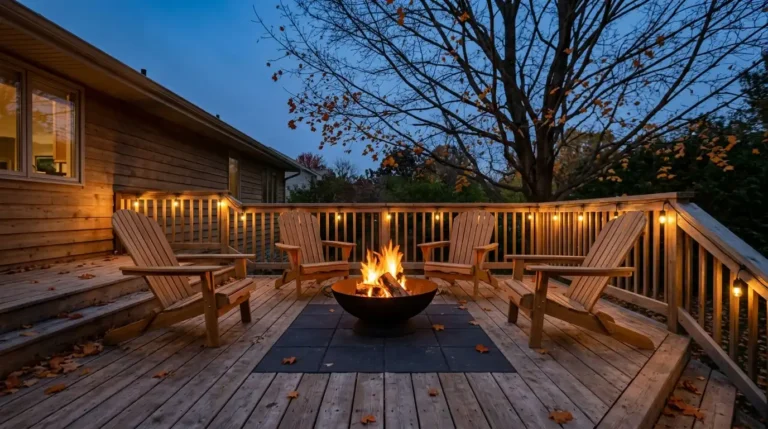 Fire pit with a deck idea: steel fire bowl on a paver hearth in a cedar deck at blue hour in fall