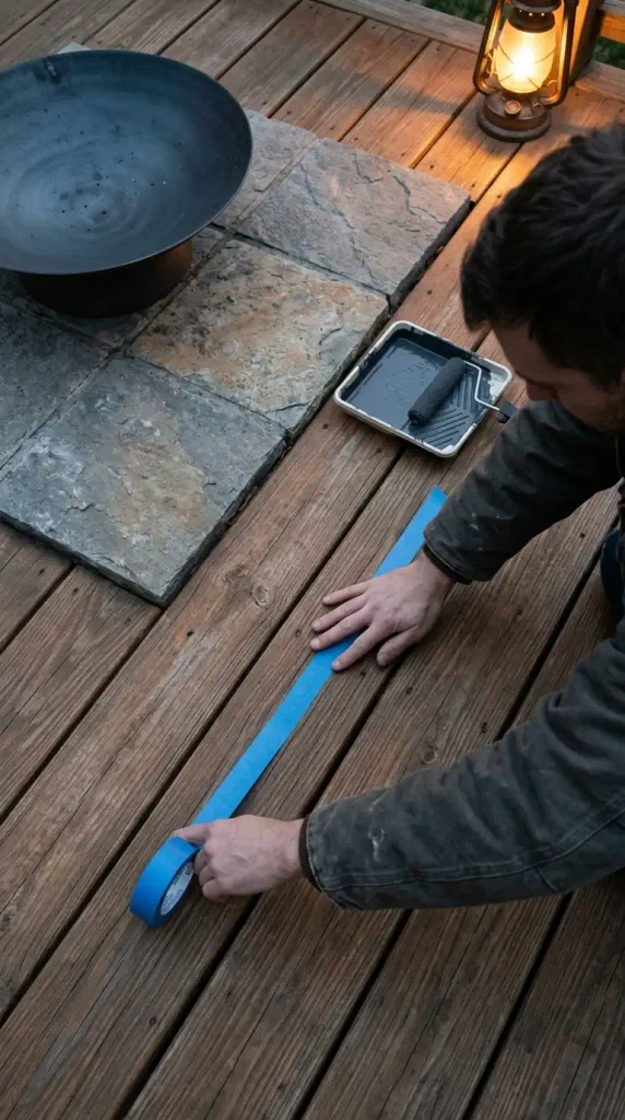 Fire Pit with a Deck Ideas safety idea: hands taping a painted 3-foot kid and pet line around a hearth