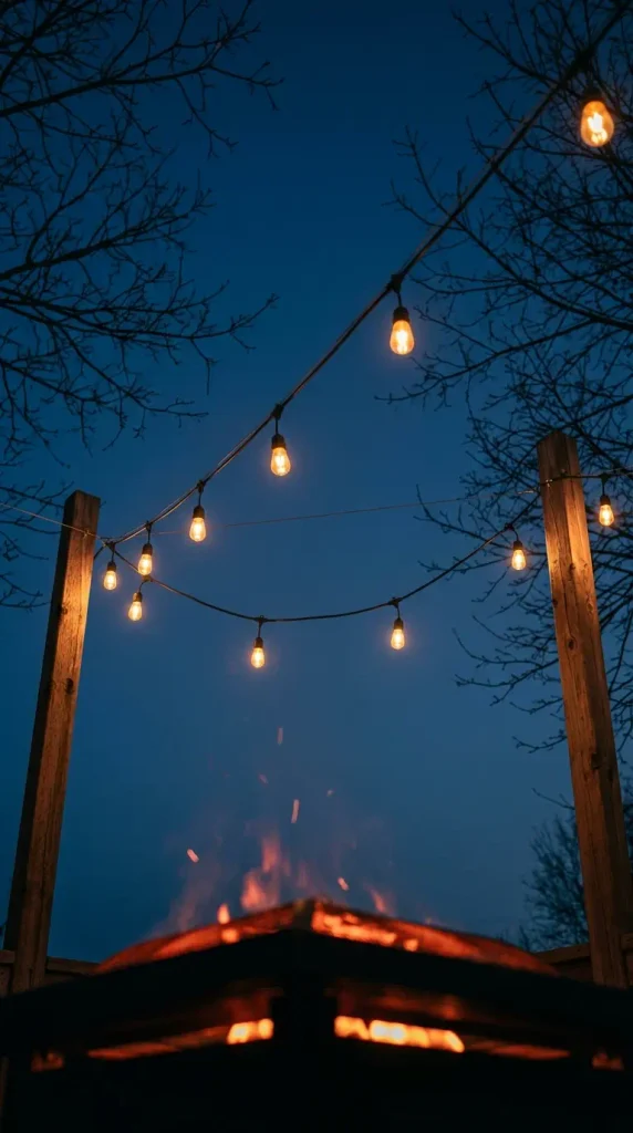 Fire pit with a patio and café string lights on cedar posts glowing against a blue hour sky