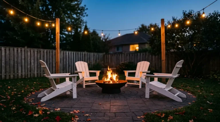 Fire pit with a patio ideas: steel fire bowl on a round paver patio with Adirondack chairs at dusk