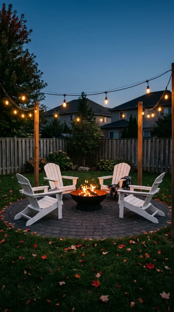 Fire pit with a patio ideas: steel fire bowl on a round paver patio with Adirondack chairs at dusk