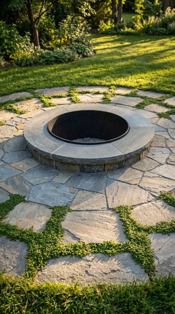 Flagstone fire pit area layers: steel ring, bluestone cap, tight apron joints, and a thyme stepping-stone path