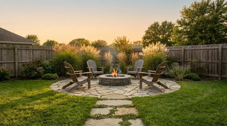 Flagstone fire pit ideas: round flagstone patio with a bluestone fire pit and Adirondack chairs at golden hour