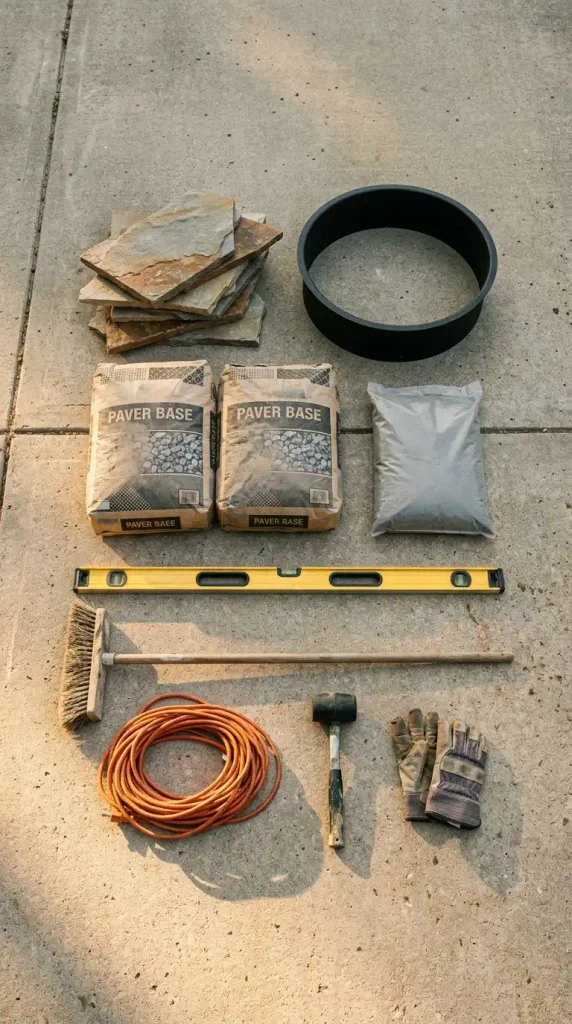 Flagstone fire pit materials laid out flat: flagstone, steel ring, paver base, sand, mallet, and level