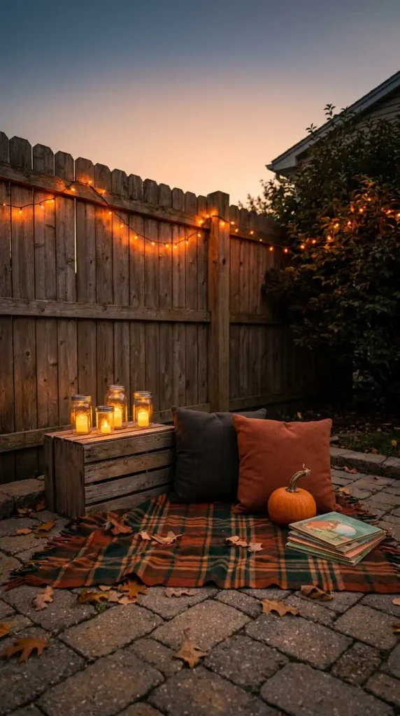 Flame-free glow zone for a Halloween backyard with tea lights in mason jars and a blanket reading nook