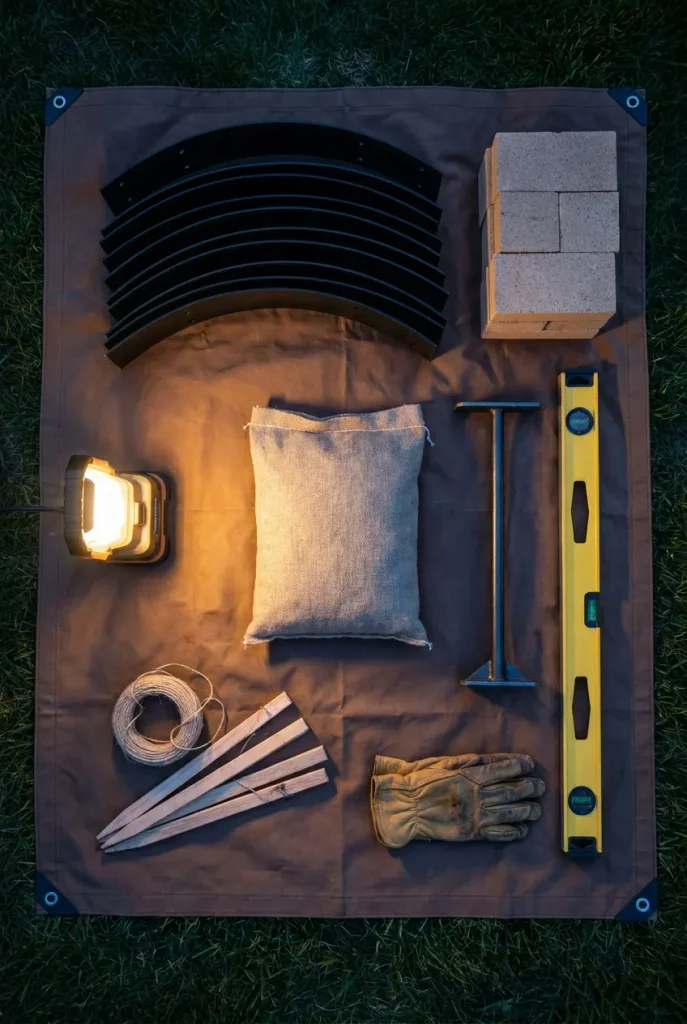 Flat lay of DIY in-ground fire pit materials: steel ring, fire bricks, gravel, tamper, and level