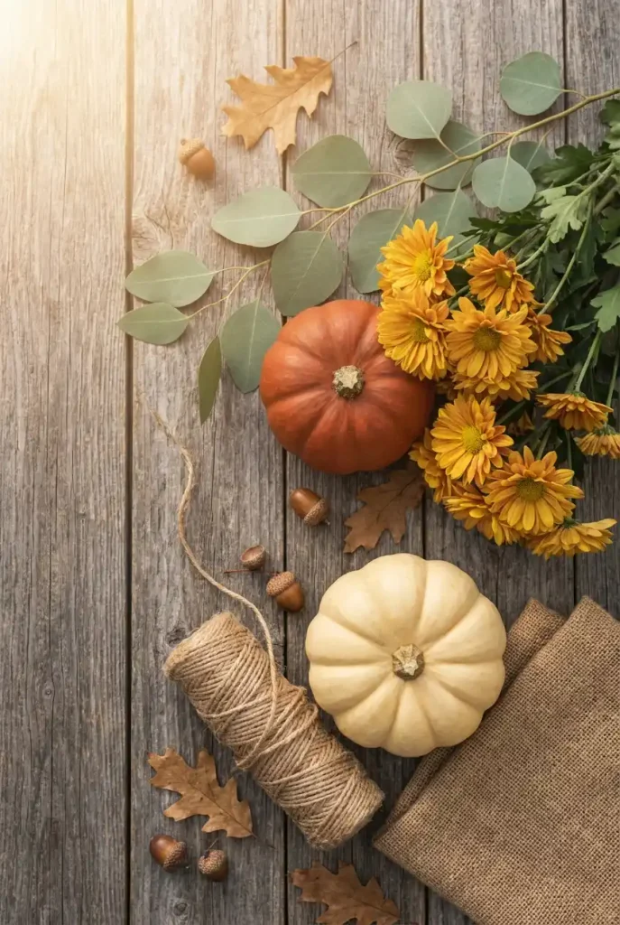 Flat lay of a rustic fall color palette for backyard decor with rust pumpkin, mustard mums, sage, and burlap