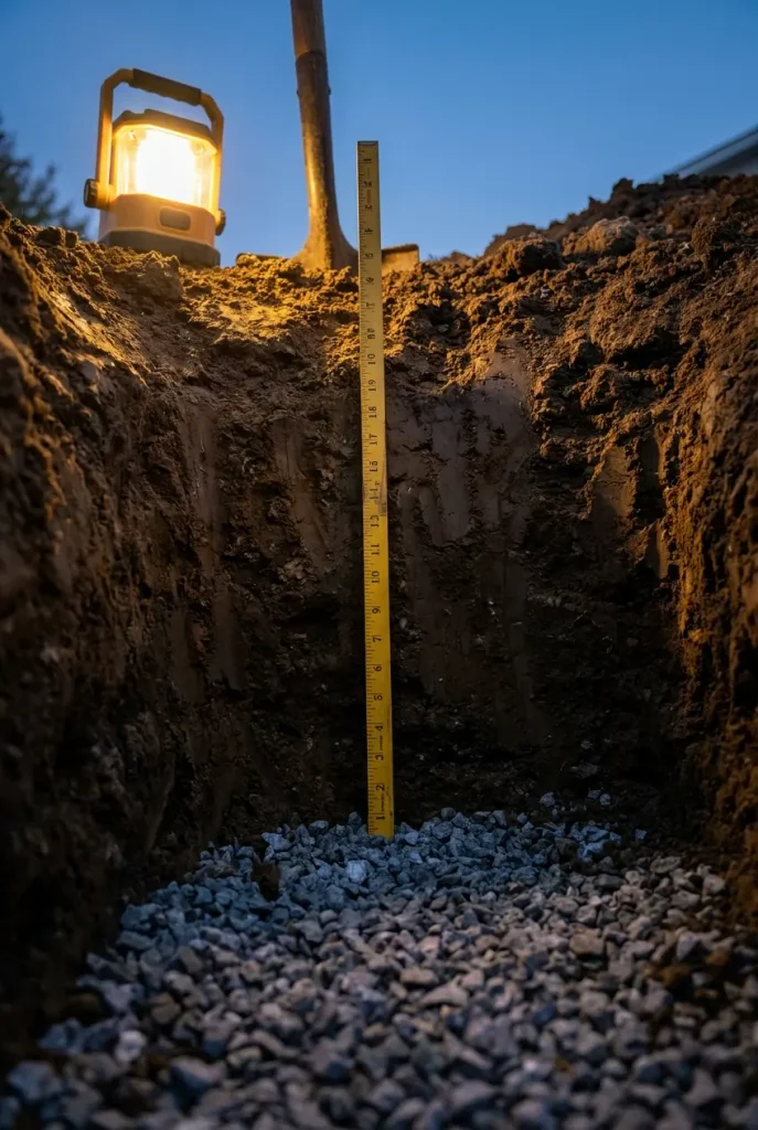 Folding ruler in a dug fire pit hole showing depth above a 6 inch gravel drainage layer