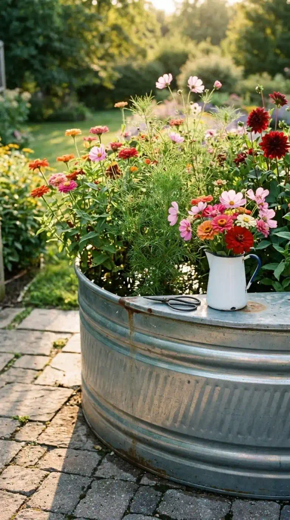 Galvanized stock tank cutting garden with zinnias, cosmos, and dahlias beside a small backyard patio