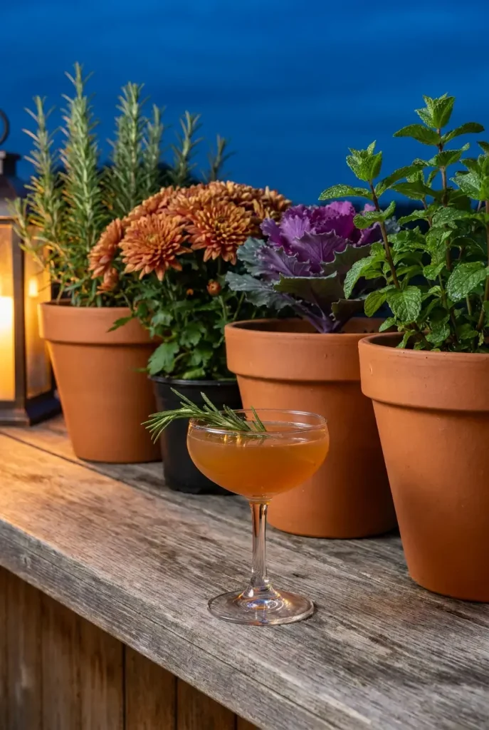 Garden bar idea with rosemary, thyme, and mint in terracotta pots beside a mum and kale on a bar top