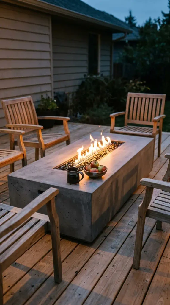 Gas fire pit on deck idea: rectangular propane fire table used as a coffee table on a cedar deck at dusk