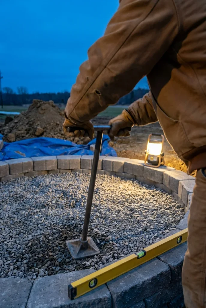 Hands tamping gravel inside a block-lined pit while building an in-ground fire pit at dusk