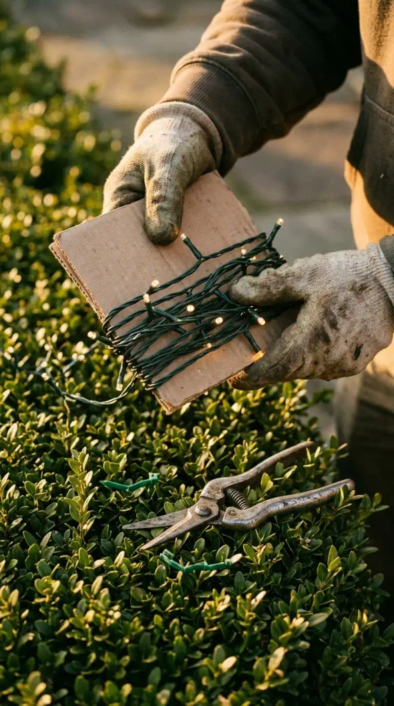 Gloved hands coiling fall string lights onto cardboard while taking down hedge decor without snapping branches