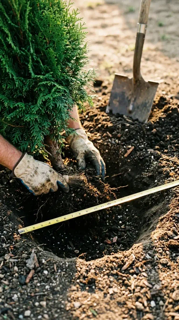 Gloved hands exposing the trunk flare of a young arborvitae beside a wide planting hole and tape measure