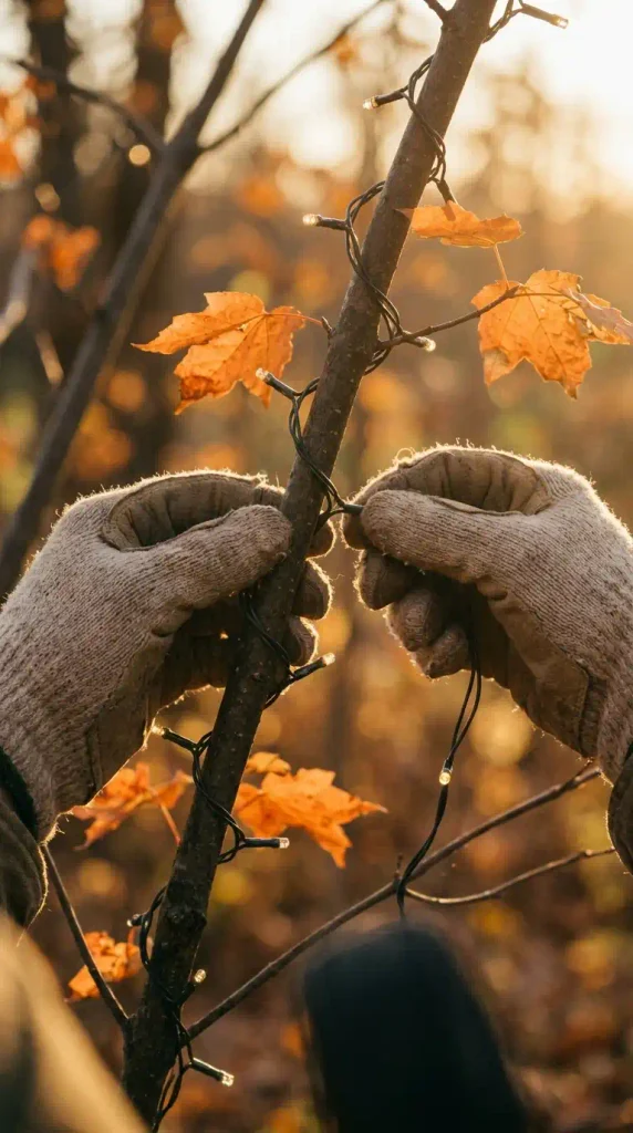 Gloved hands wrapping fall string lights for trees loosely along a maple branch, with slack left between wire and bark