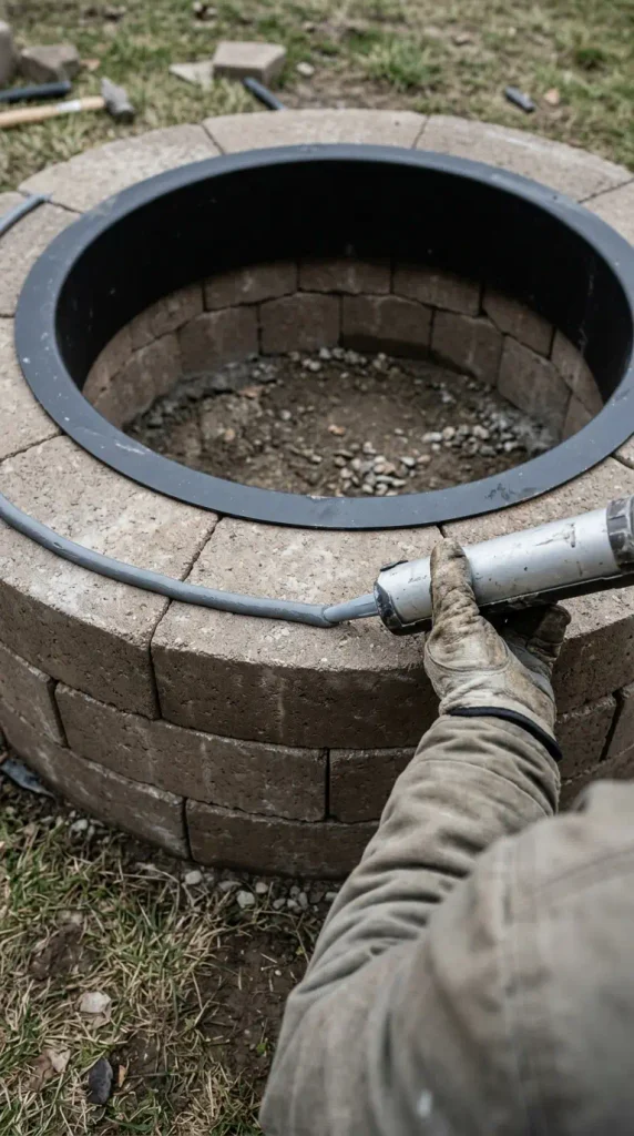 Gluing the second course of a DIY paver fire pit with a caulk gun and block adhesive around a steel ring