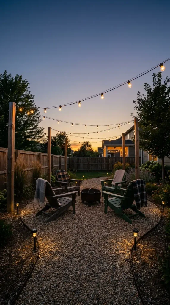 Gravel backyard seating area with string lights and solar path lights at dusk