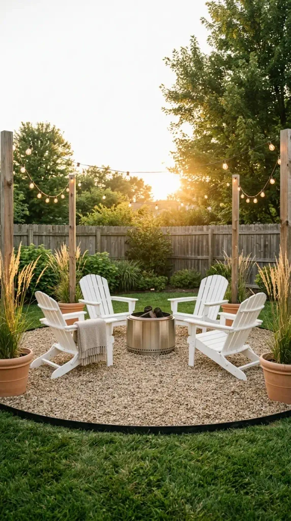 Gravel cozy backyard seating corner with Adirondack chairs, fire pit, and string lights at sunset