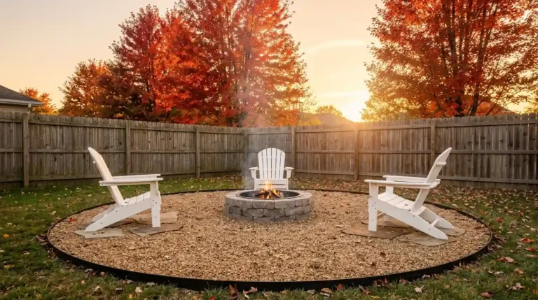 Gravel fire pit ideas for fall: round pea gravel circle with steel edging and chairs on flagstone at golden hour