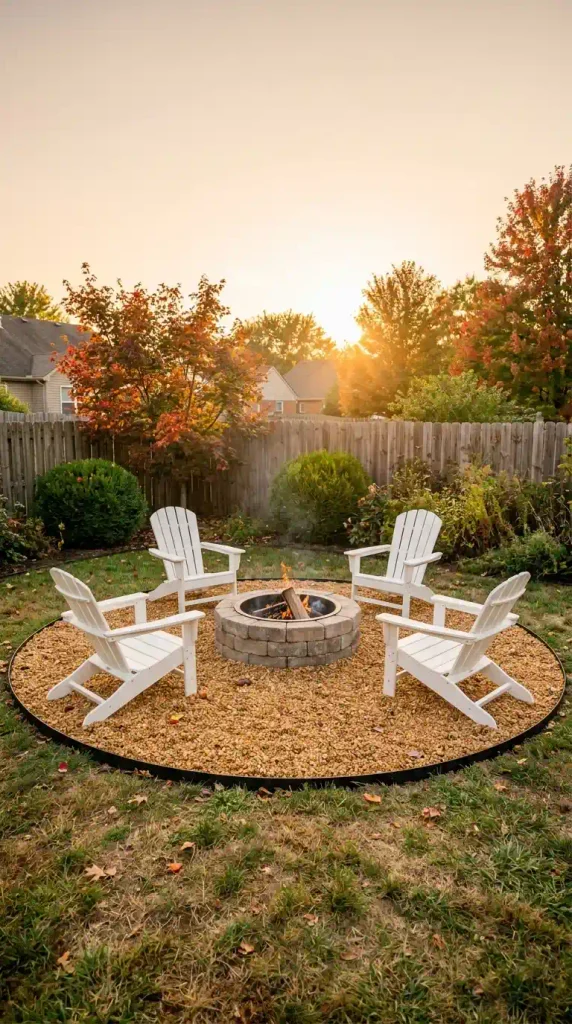 Gravel fire pit ideas: round pea gravel circle with steel edging and a block fire pit at golden hour