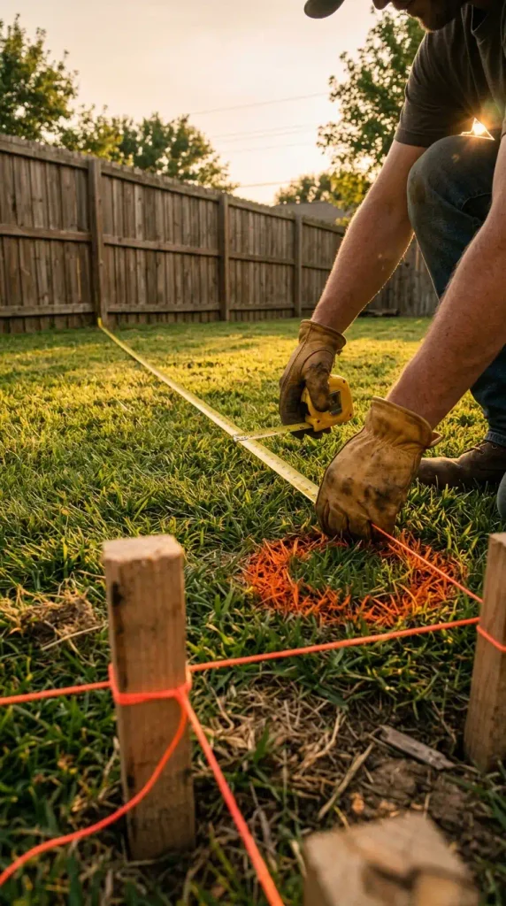 Gravel fire pit planning: measuring 10 feet from a fence before marking the circle