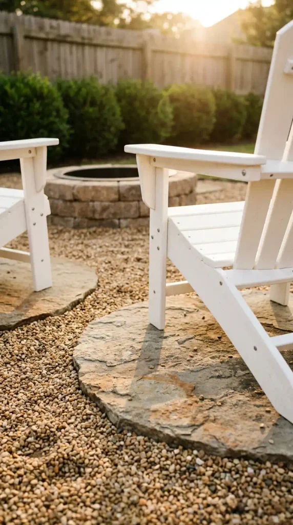 Gravel fire pit seating area idea with Adirondack chairs on flagstone pads set in pea gravel