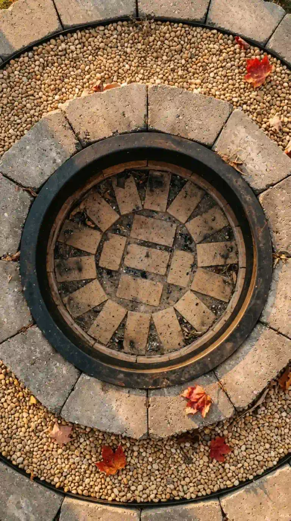Gravel fire pit seen from above with fire brick inside the ring and pea gravel kept outside the rim