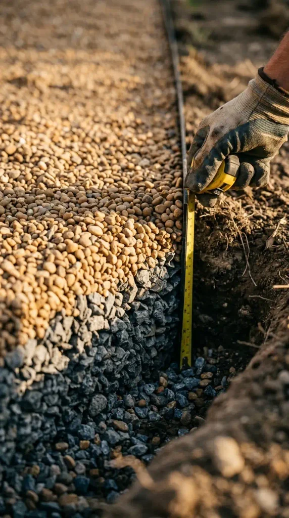 Gravel patio edge showing 2 inches of pea gravel over a 4 inch crushed stone base