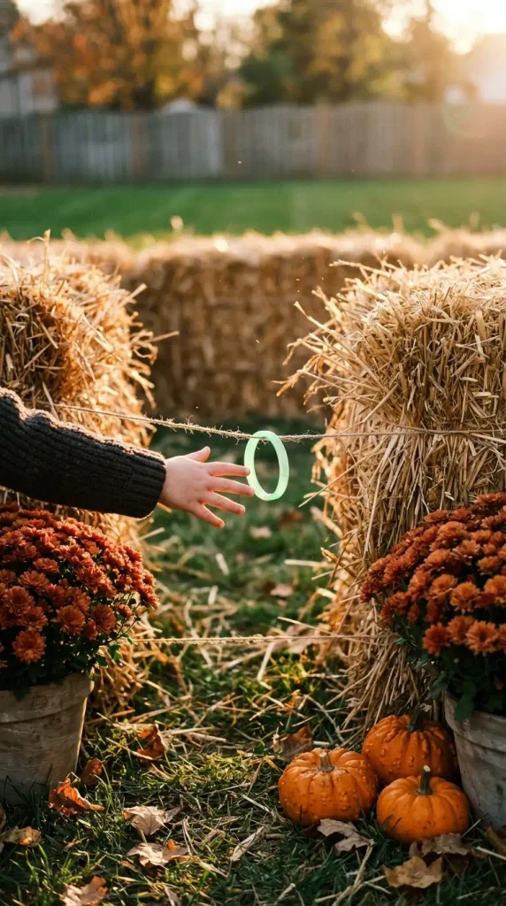 Halloween backyard play area entrance with mums, pie pumpkins, and glow bracelets on a straw bale maze