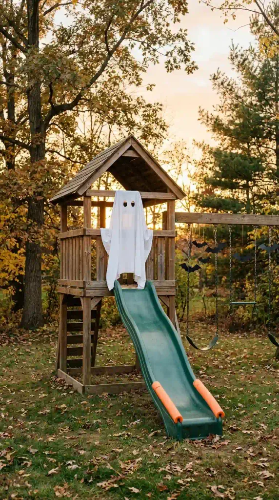 Halloween playset decorations: white sheet ghost curtain on a cedar fort with bats hung from the top beam