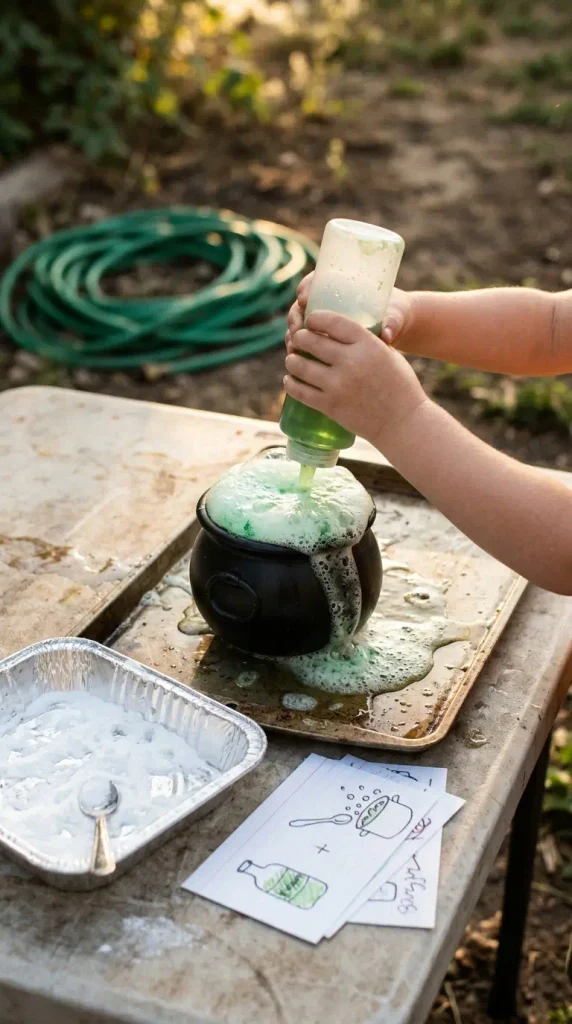 Halloween potion station for kids with green fizz foaming out of a small black plastic cauldron
