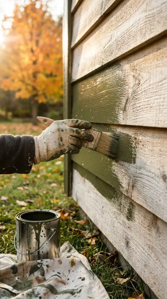Hand painting cedar shed siding deep olive green, a warm color that helps a backyard shed blend in