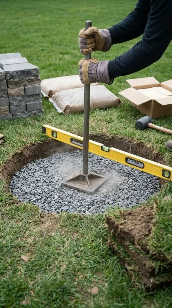 Hands compacting crushed stone with a hand tamper to build a level paver fire pit base
