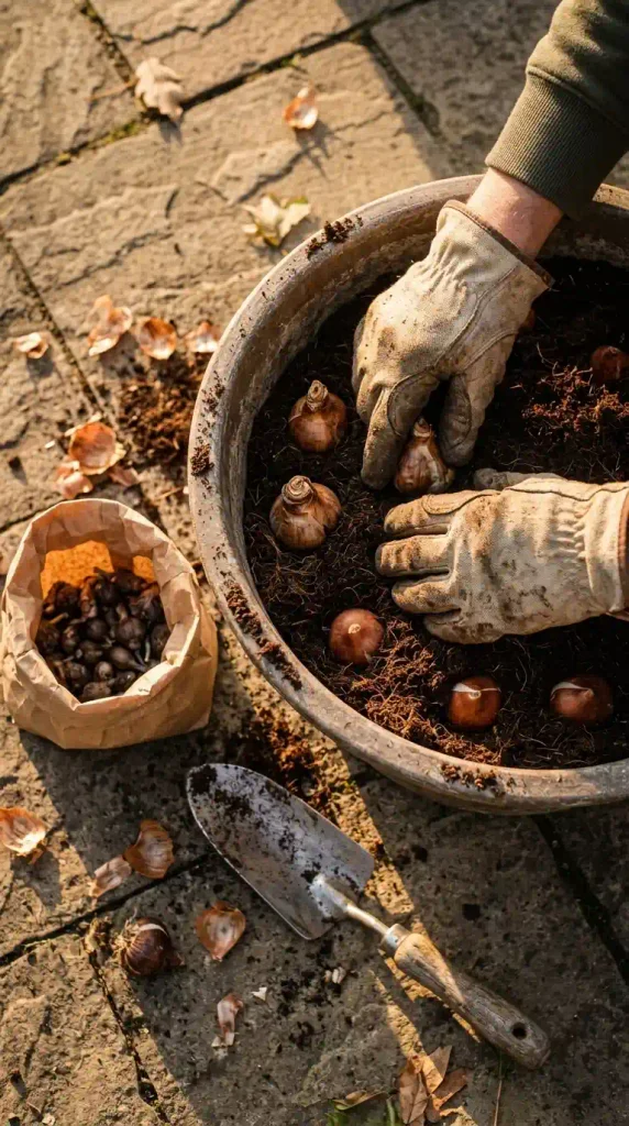 Hands layering tulip and daffodil bulbs in a deep pot for a spring backyard flower garden