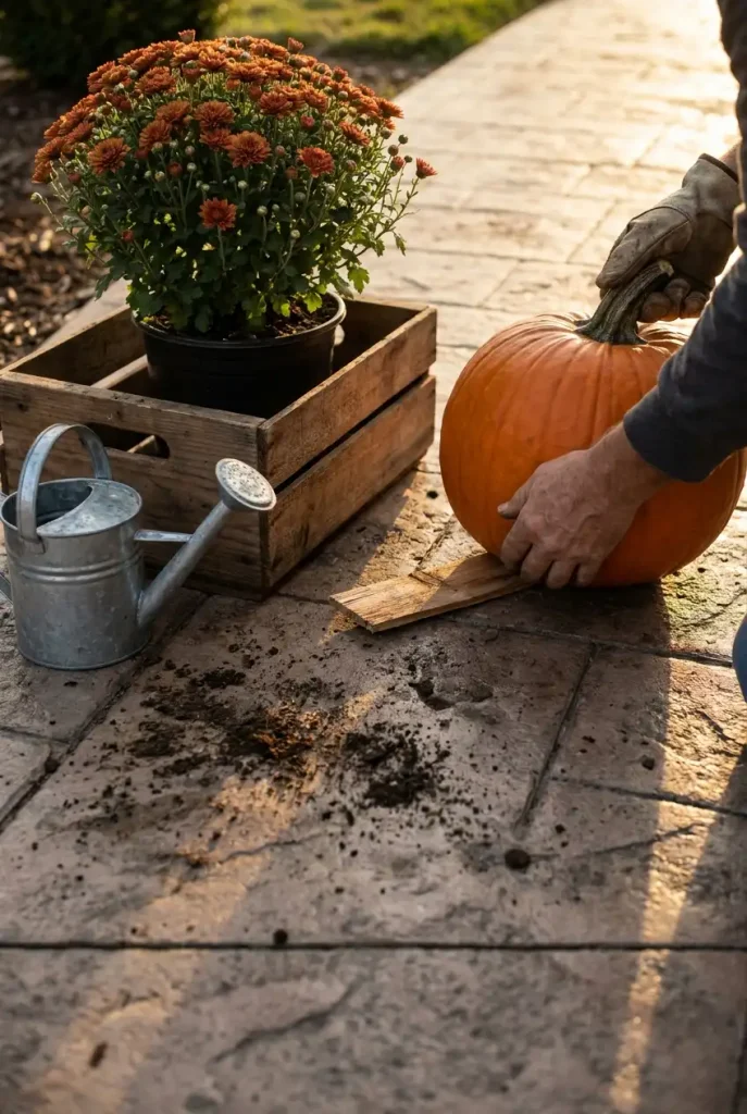 Hands lifting a pumpkin onto a cedar shim beside a potted mum to keep rustic fall backyard decor fresh